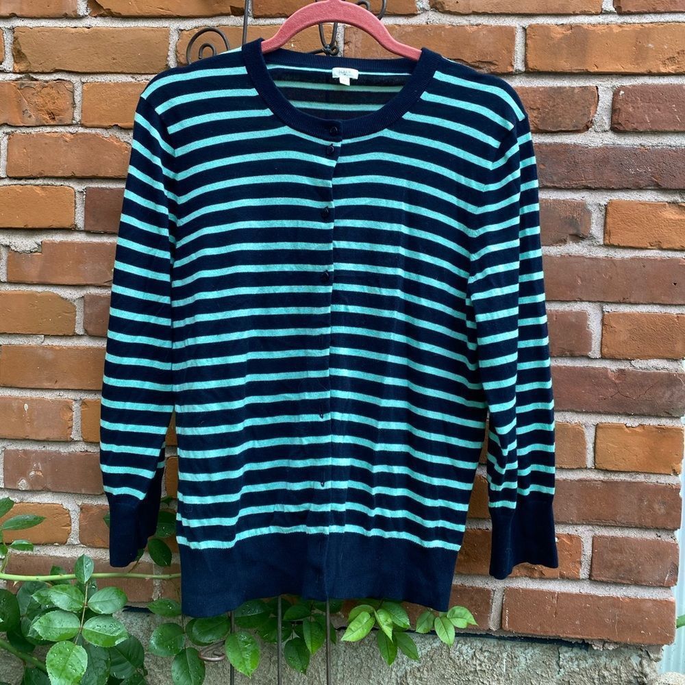 J. Crew Factory Navy and Teal Striped Cardigan Sweater